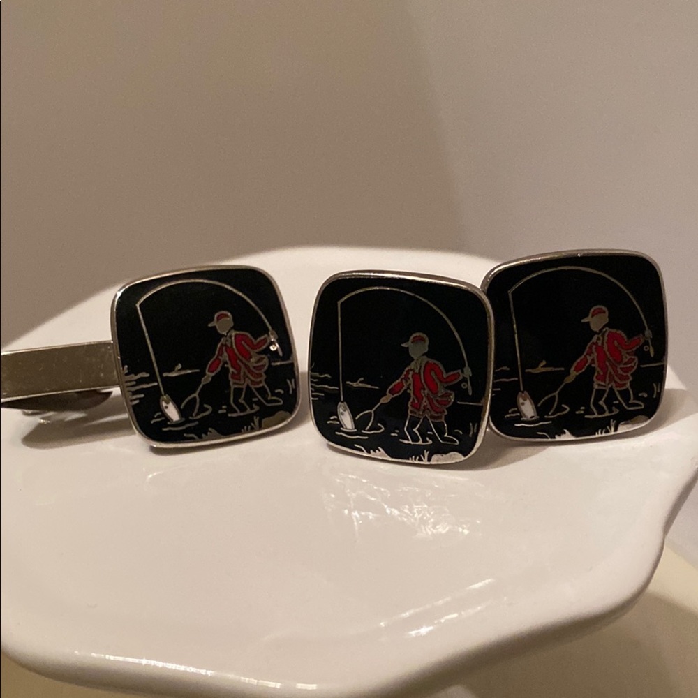 Fisherman- Fly Fishing Elegant Black Enamel and Silver Cufflinks with Tie clip
